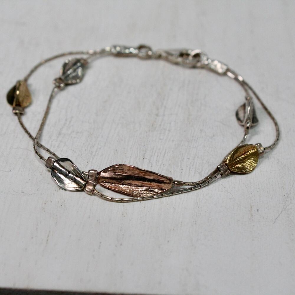 Two-Tone Sterling Silver 925 Double Strand Bracelet with Leaf Shaped Beading
